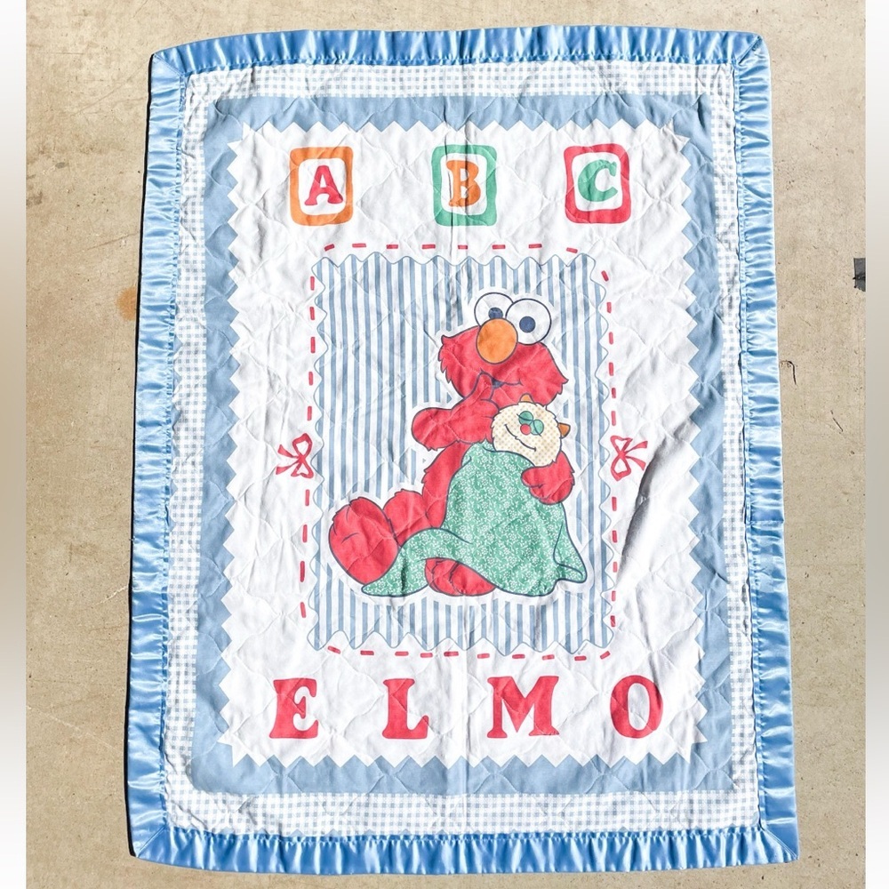 Elmo ABC Vtg Muppets Sesame Street Satin Trim Quilted Crib Comforter Blanket